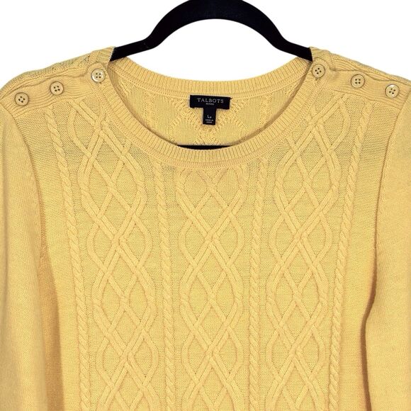 Talbots Cable Knit Sweater Lambswool Blend Fisherman Women’s Large Petite Yellow - Picture 2 of 8